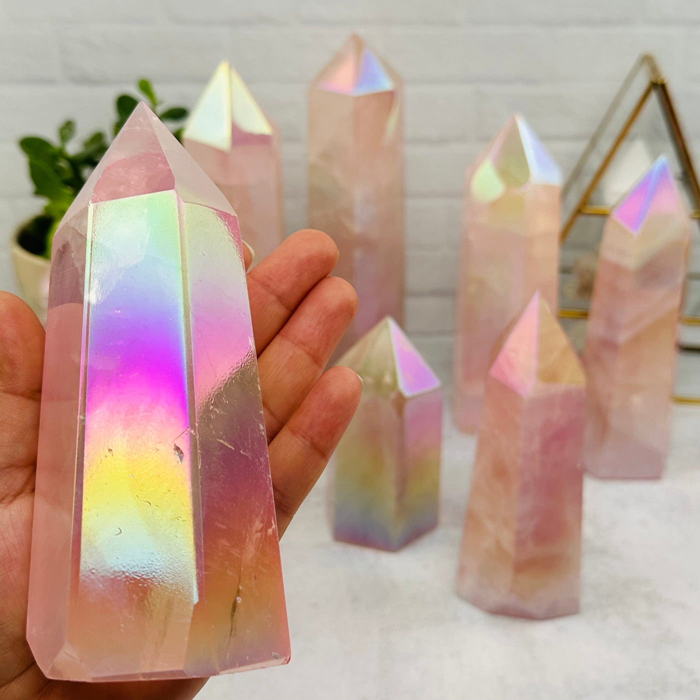 Angel Aura Rose Quartz Polished Tower in hand for size reference 