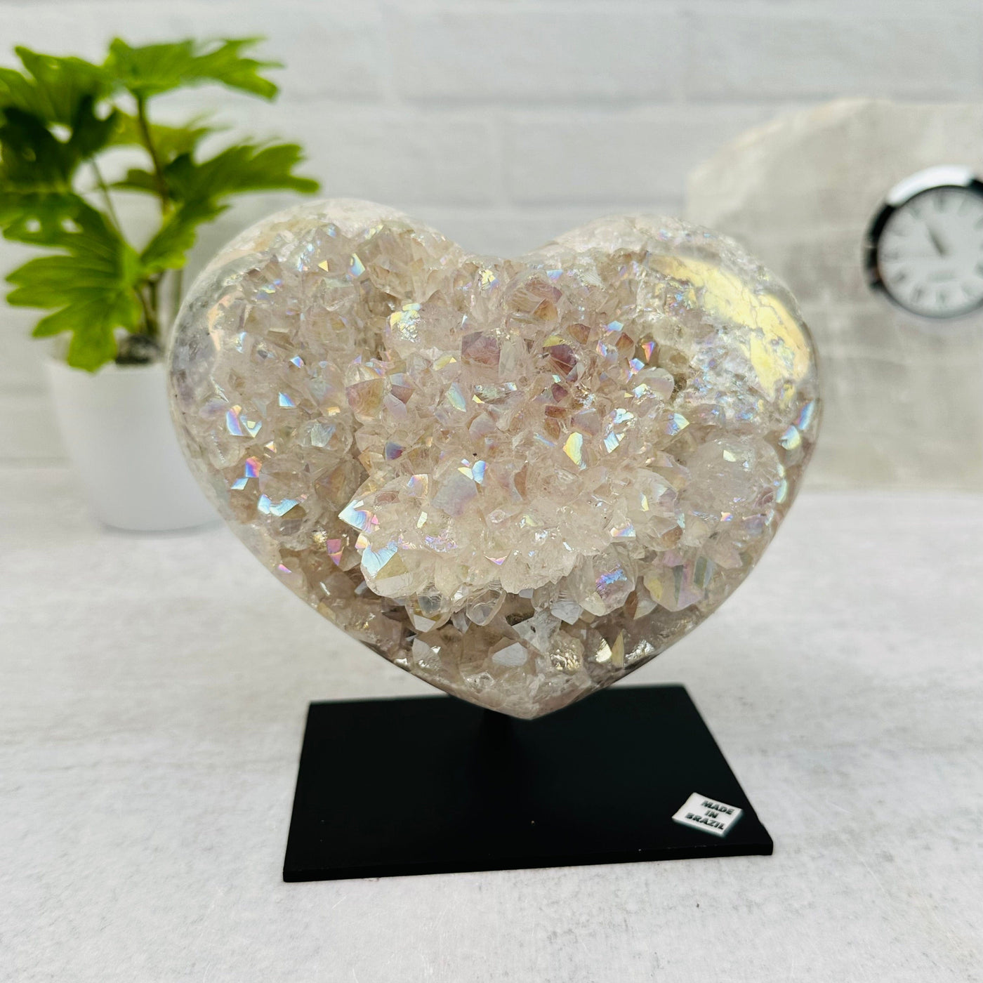 Amethyst Druzy Crystal Heart with Angel Aura on Metal Stand displayed as home decor 