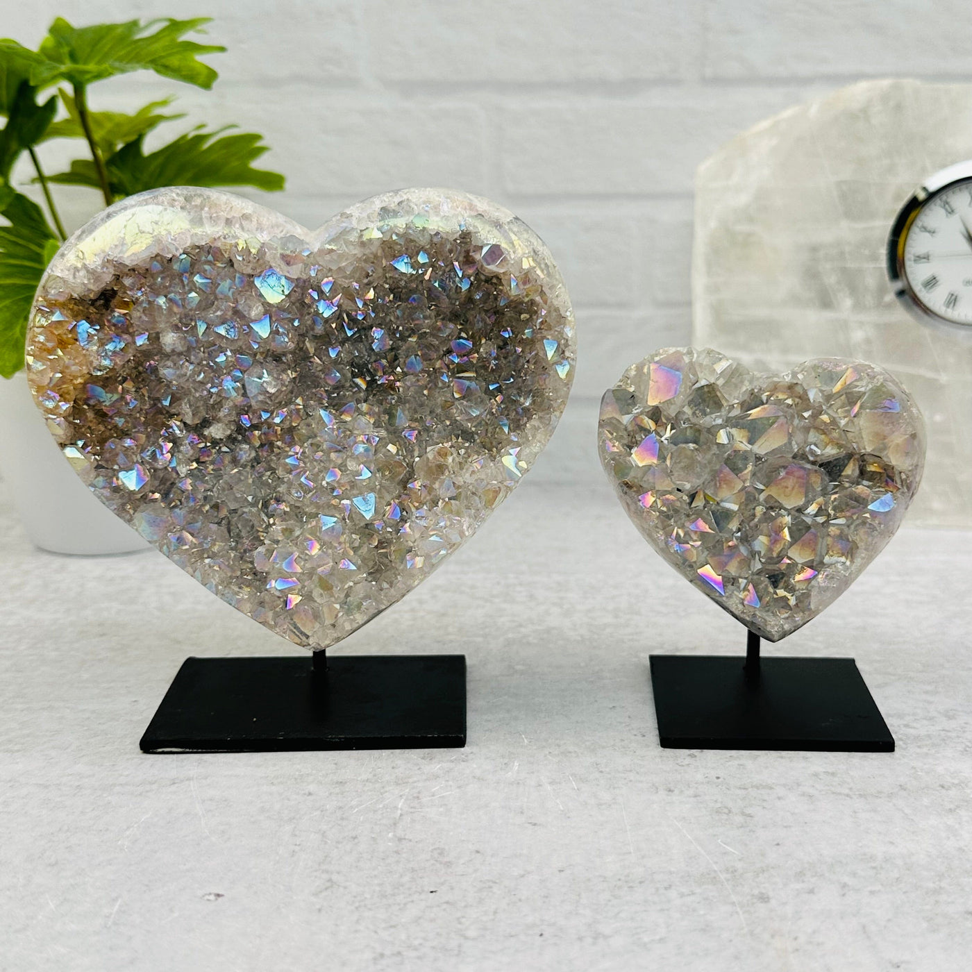 Amethyst Druzy Crystal Heart with Angel Aura on Metal Stand displayed as home decor