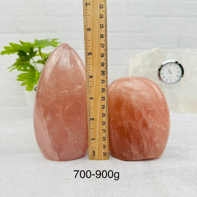 Rose Quartz Cut Base - By Weight - next to a ruler for size reference