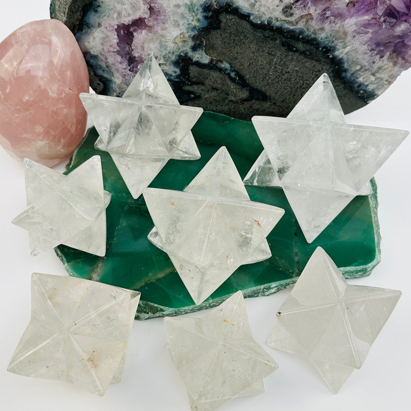 multiple crystal quartz Merkabah stars displayed to show the differences in the sizes 