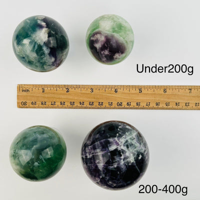 feather fluorite crystal sphere displayed next to a ruler for size reference. sold by the weight
