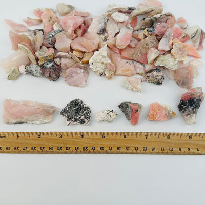 opal pieces next to a ruler for size reference 