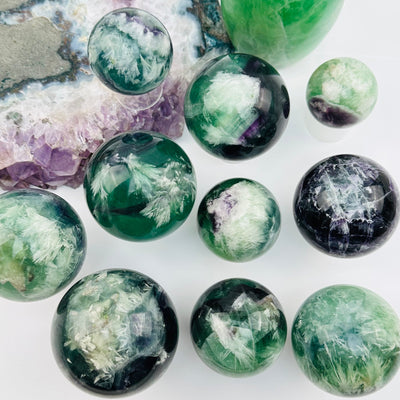multiple feather fluorite crystal spheres displayed to show the differences in the sizes and color shades 