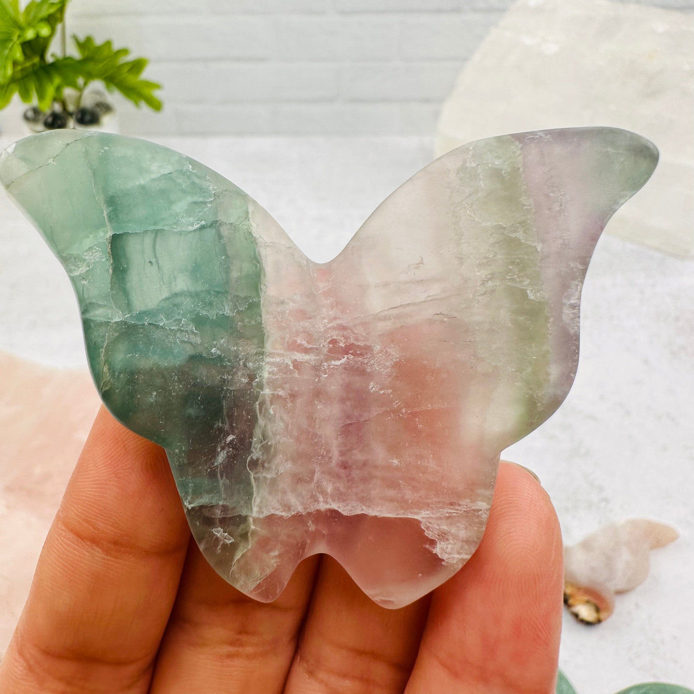 close up of the details on this carved fluorite butterfly 