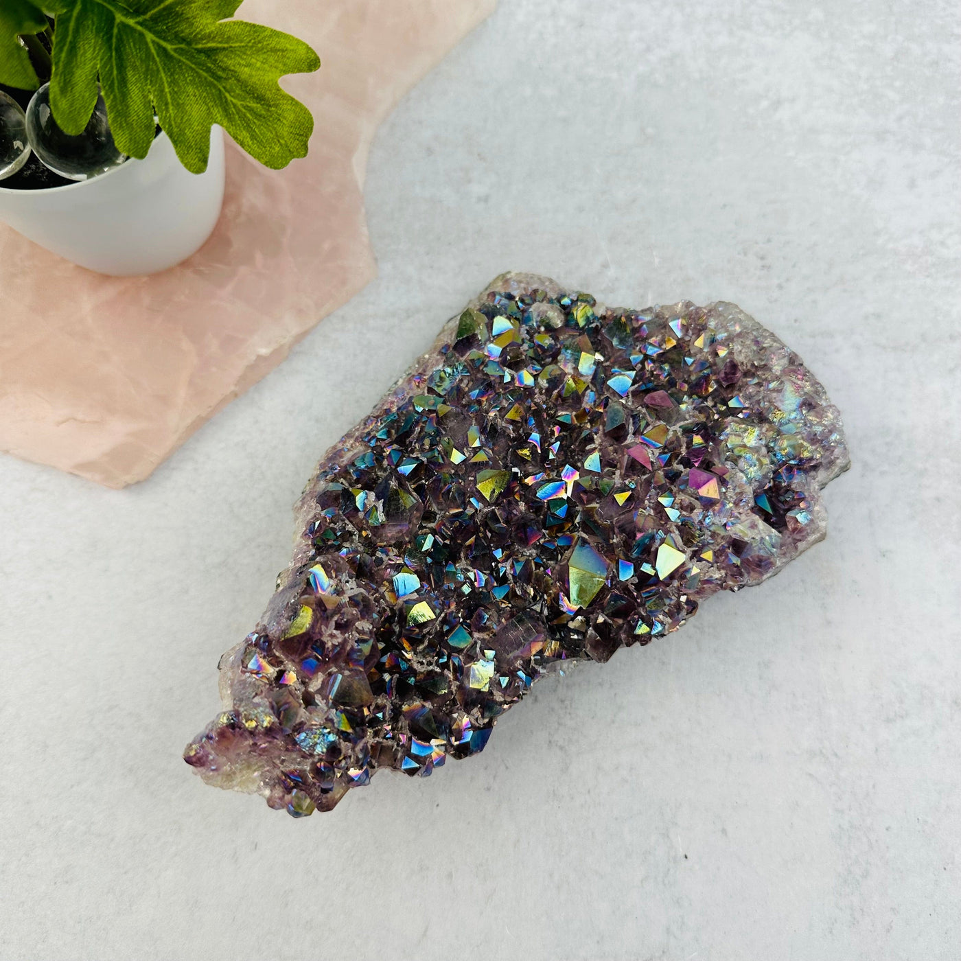 Amethyst Druzy Crystal Cluster with Angel Aura Pearly Finish displayed as home decor 