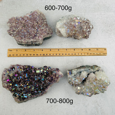 Amethyst Druzy Crystal Cluster with Angel Aura Pearly Finish by weight next to a ruler for size reference 