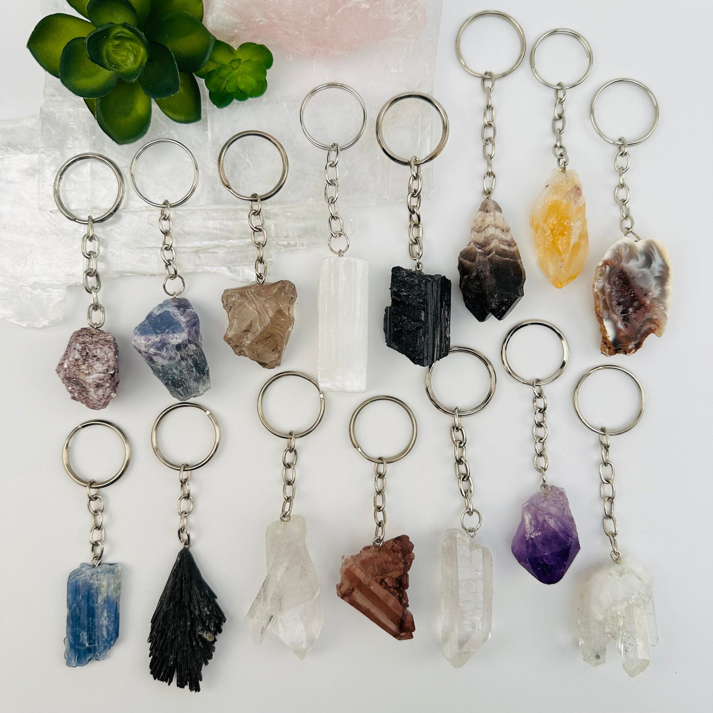 crystal keychains displayed to show the differences in the the crystal types and sizes 