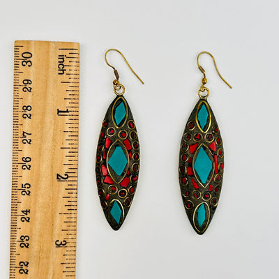 Tibetan Style Mosaic Earrings next to a ruler for size reference 
