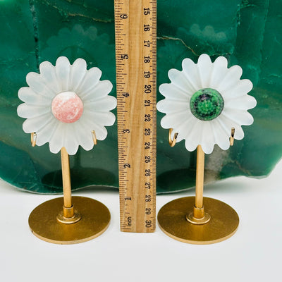 crystal flowers next to a ruler for size reference 