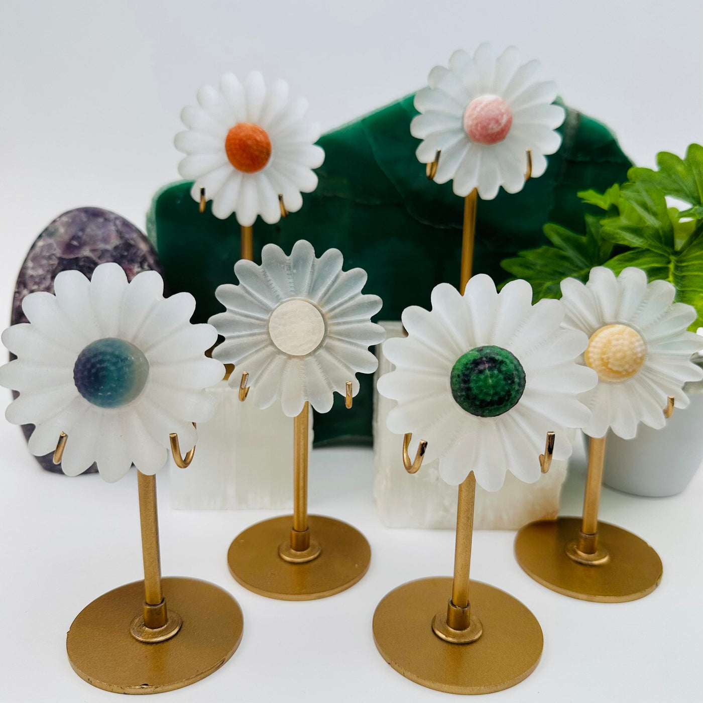 multiple selenite crystal flowers displayed to show the differences in the sizes and color shades
