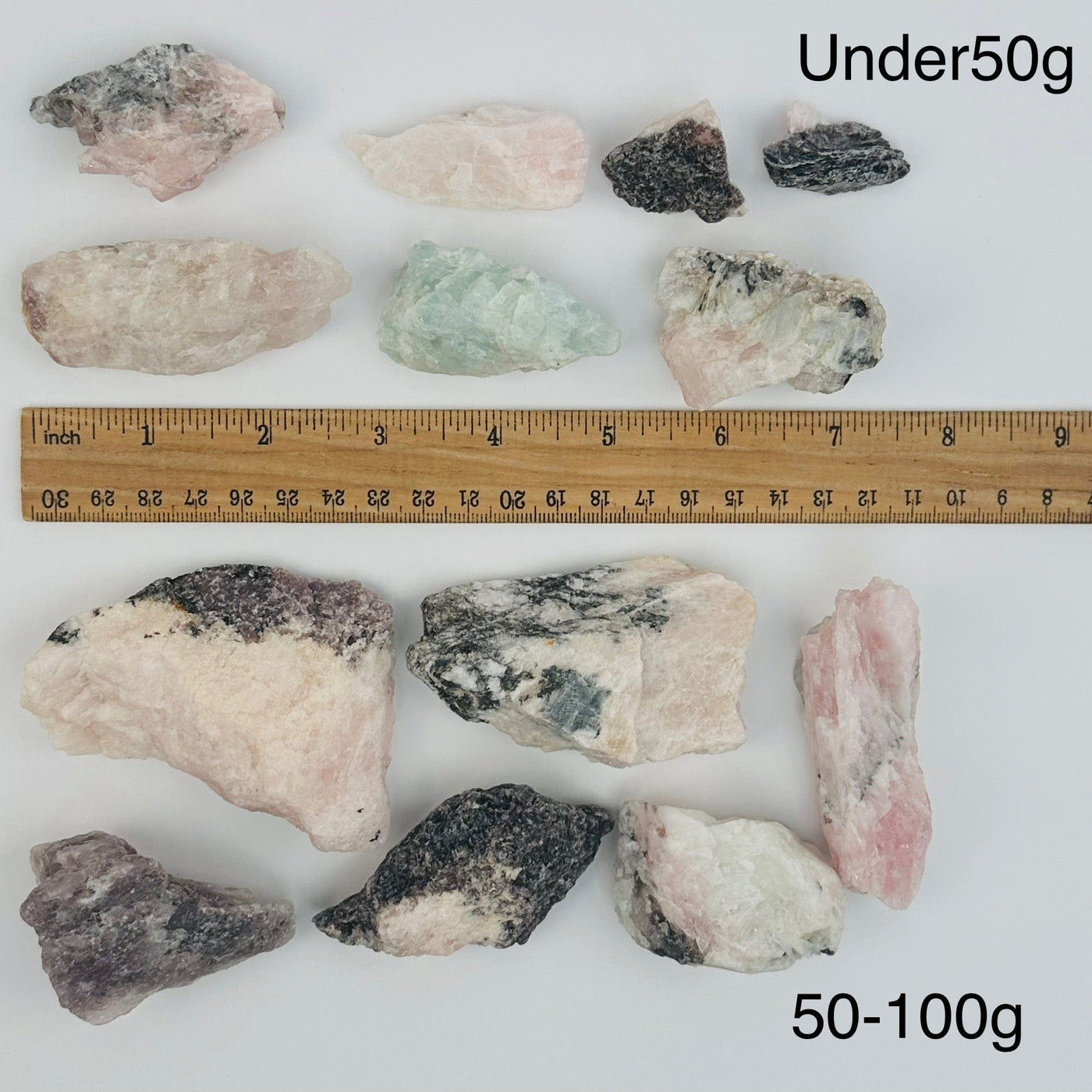 high quality crystals sold by weight. displayed next to a ruler for size reference 