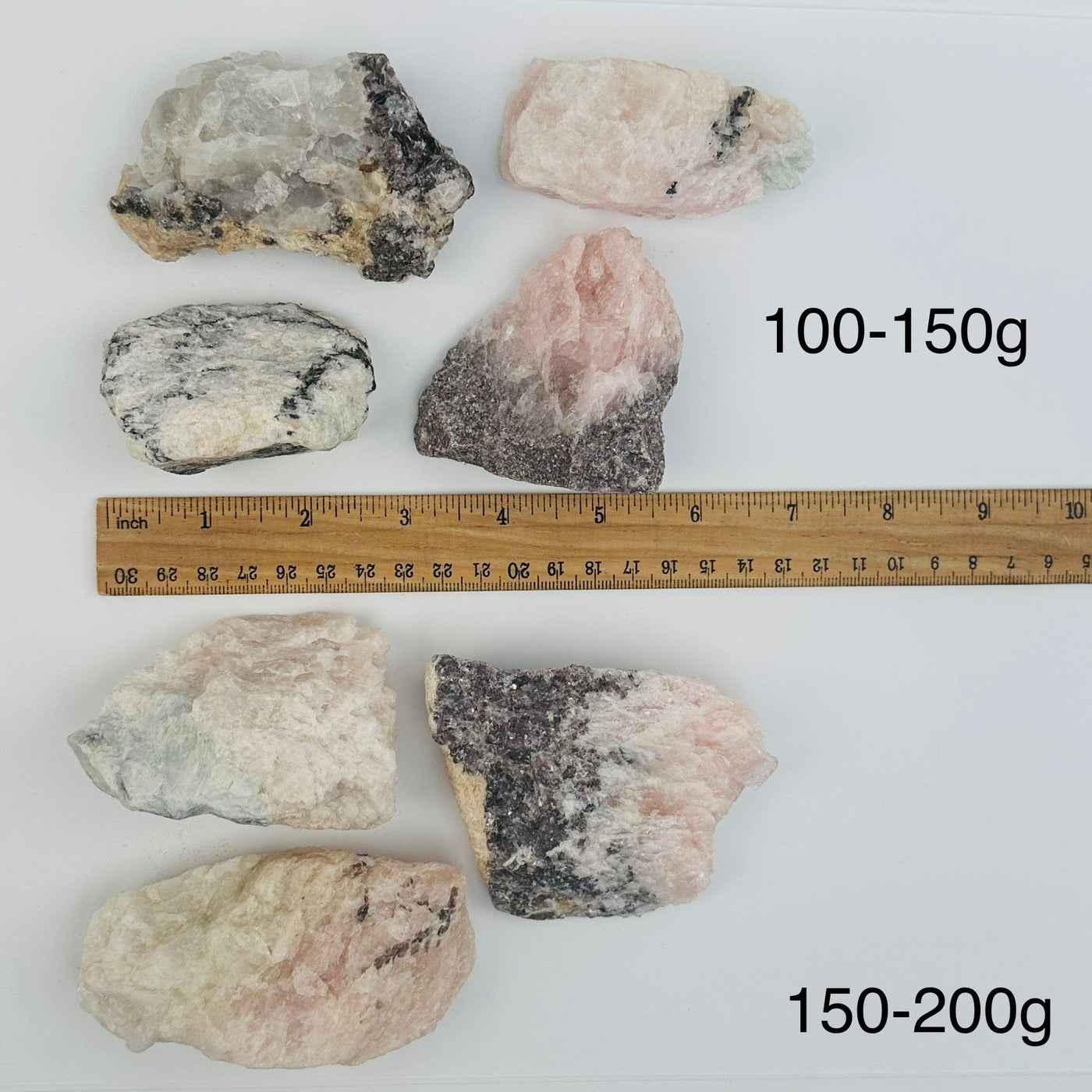 high quality crystals sold by weight. displayed next to a ruler for size reference 