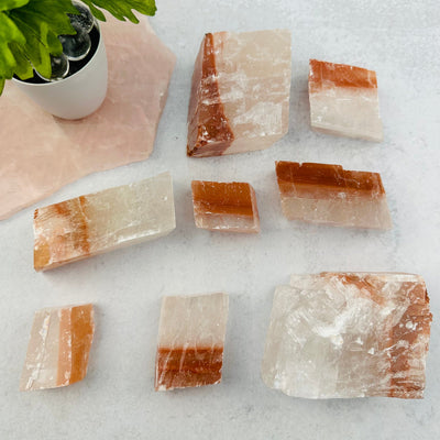 multiple calcite pieces displayed to show the differences in the color shades and sizes 