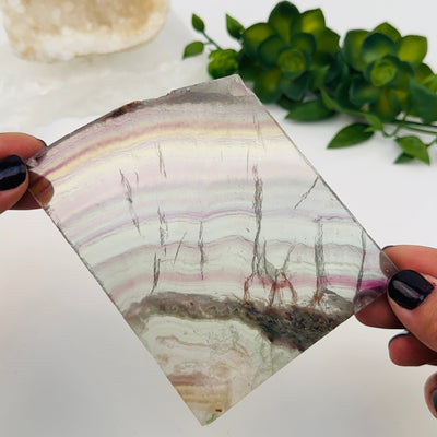 close up of the details on this fluorite semi polished crystal slab 