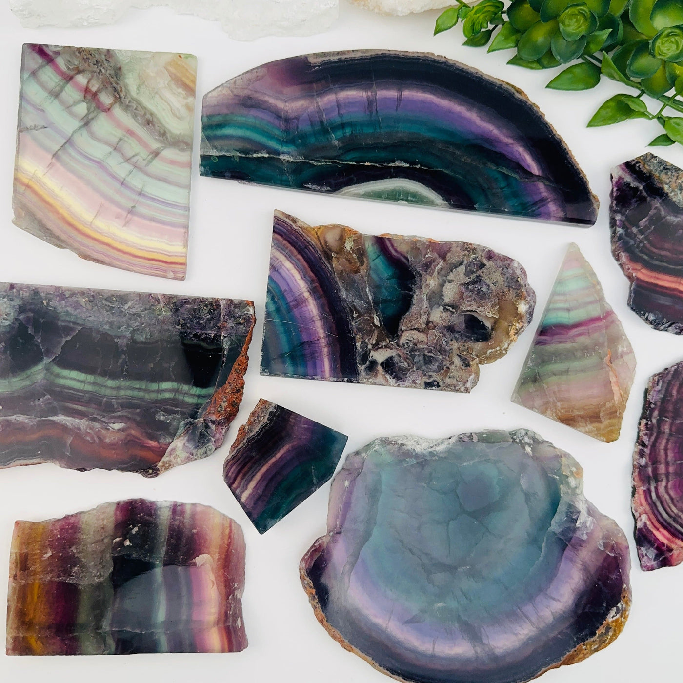 multiple semi polished crystal slabs displayed to show the differences in the sizes and color shades 
