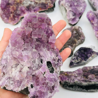 close up of the details on this fluorite crystal cluster 