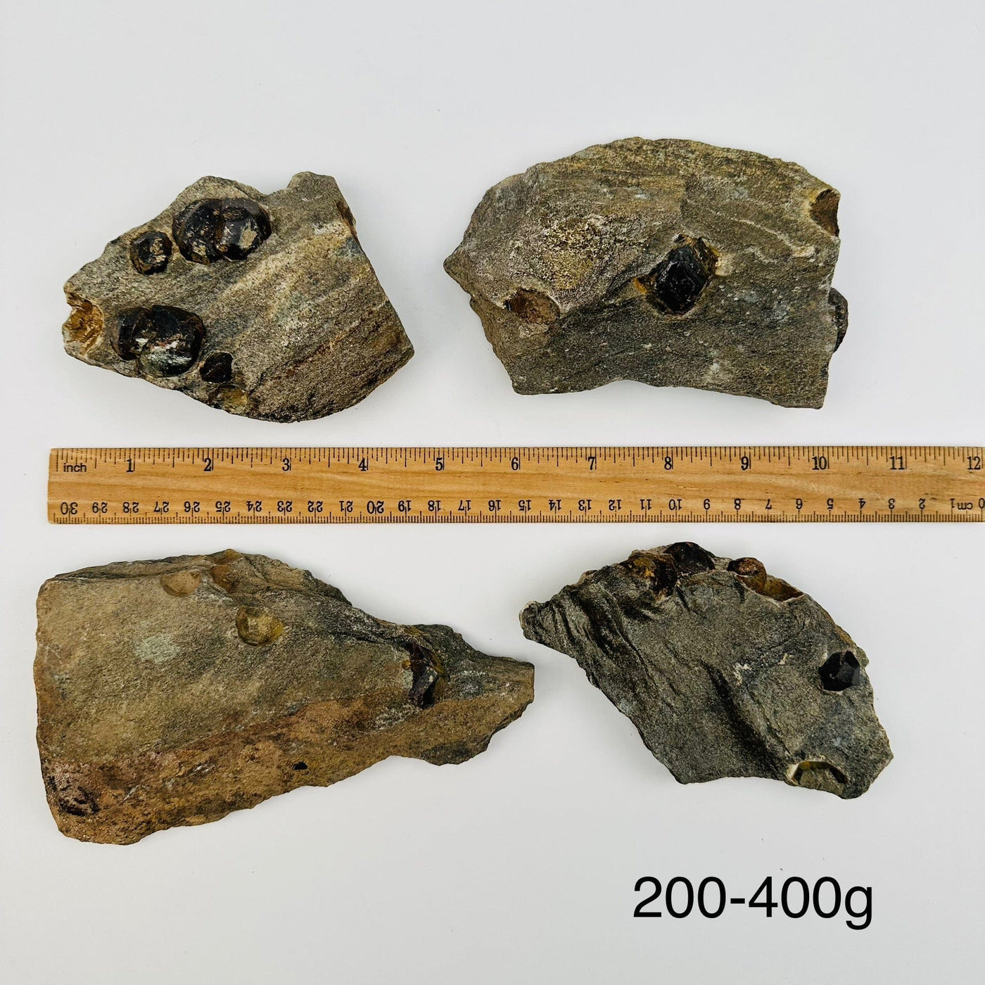 Garnet Crystals in Mica Schist sold by weight. displayed next to a ruler for size reference 