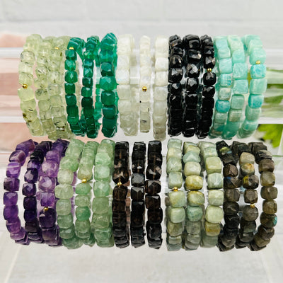 Gemstone Bracelets -6mm - Faceted Cube High Quality displayed to show the differences in the crystal types 