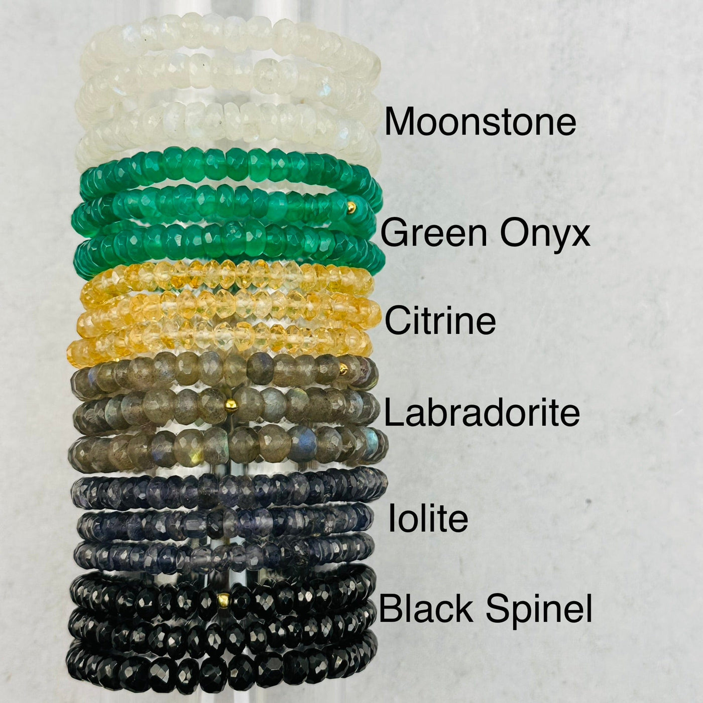 gemstone bracelets next to their crystal name 