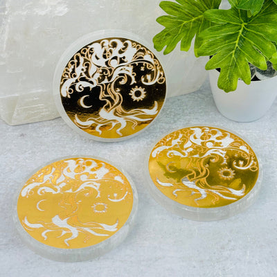 Selenite Round Charging Plate - Gold Tree of Life Design