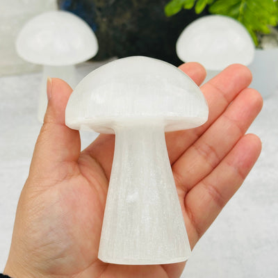 Selenite Crystal Mushroom in hand for size reference 
