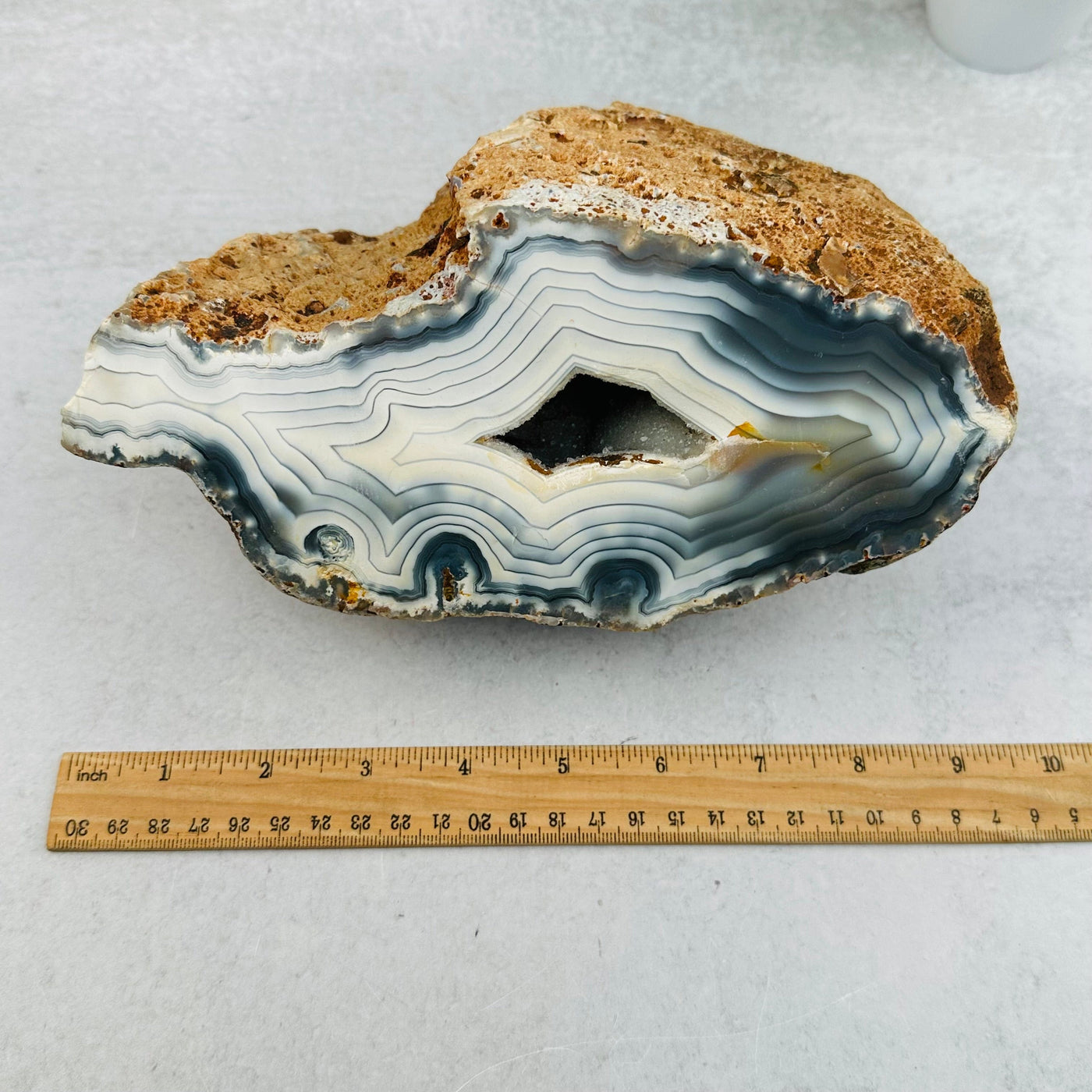 Agate Geode with White Banding next to a ruler for size reference 