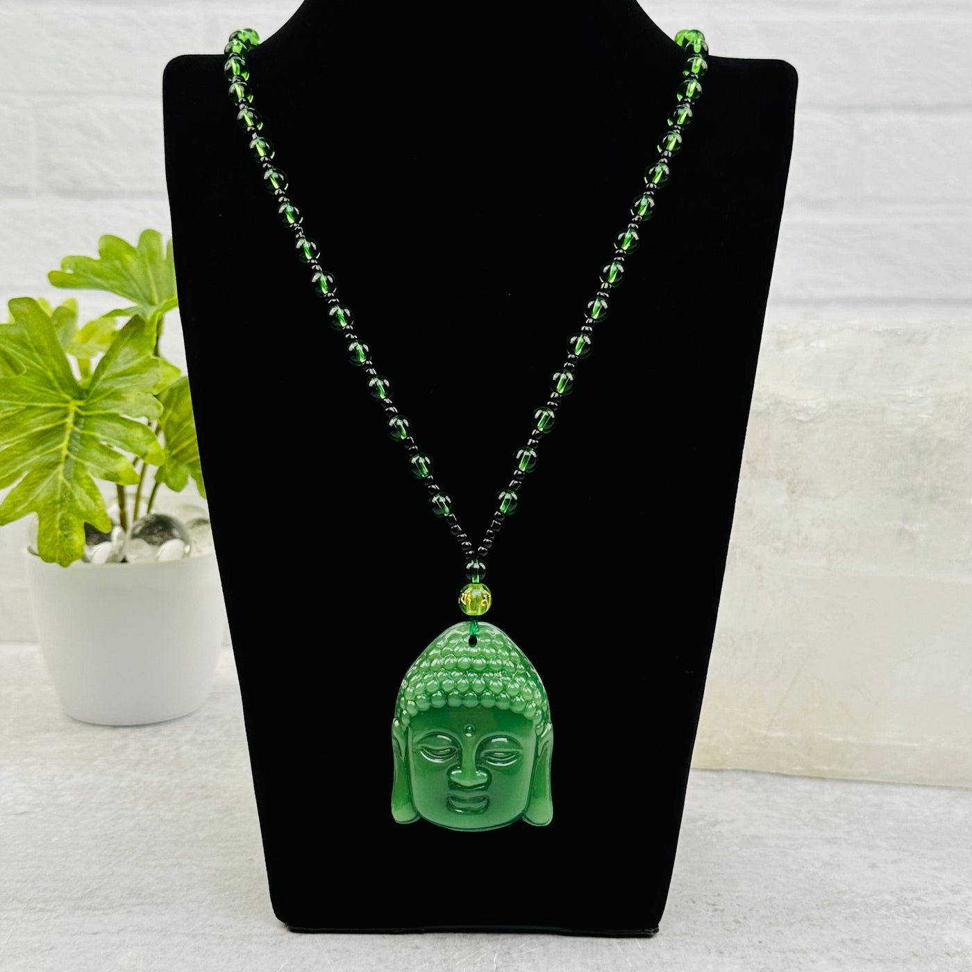 Carved Gemstone Buddha Head Mala Necklace available in aventurine