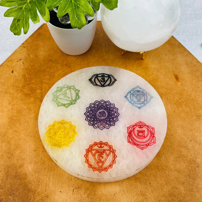  Selenite Charging Plate - Engraved Colorful Chakra