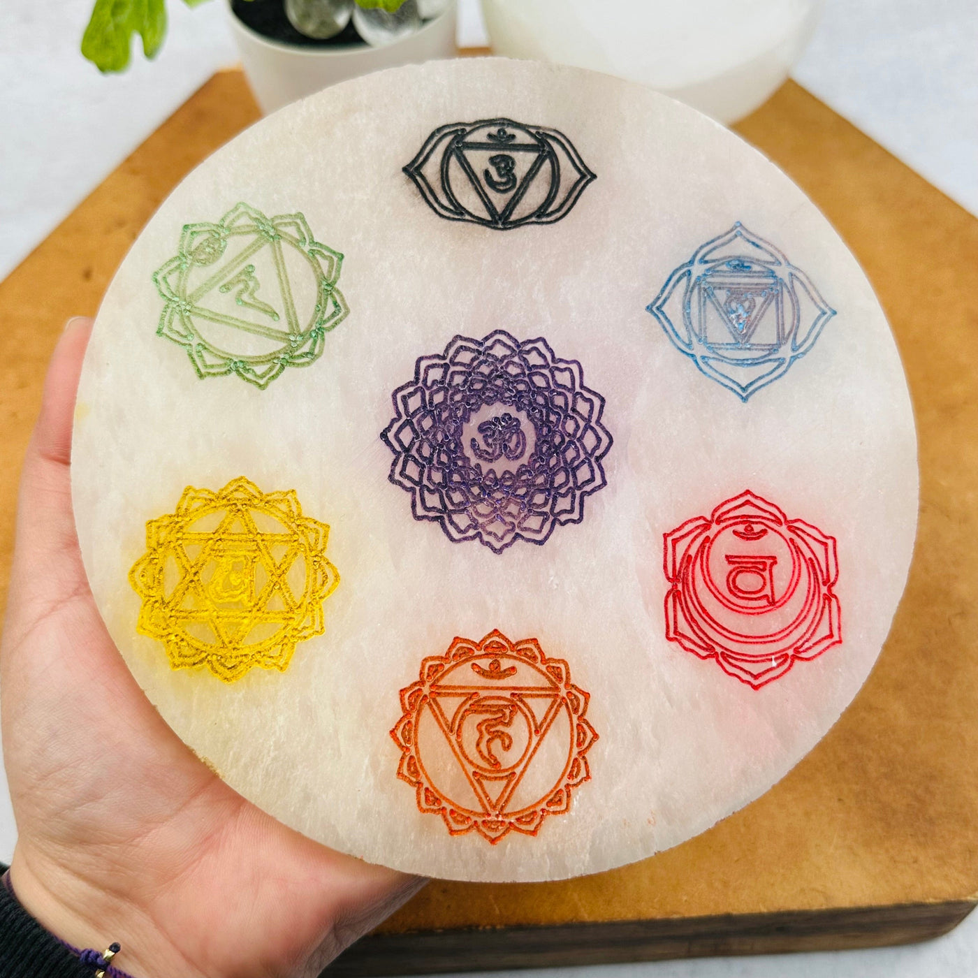  Selenite Charging Plate - Engraved Colorful Chakra - in hand for size reference 