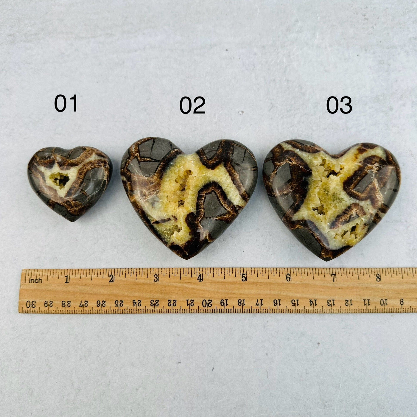 hearts next to a ruler for size reference 