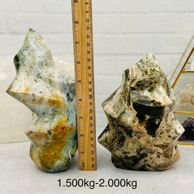 Ocean Jasper Flame Point - By Weight next to a ruler for size reference 