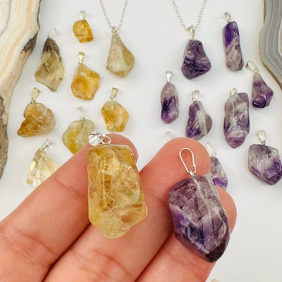 Tumbled Gemstone Pendants - Citrine or Chevron Amethyst in hand for size reference 