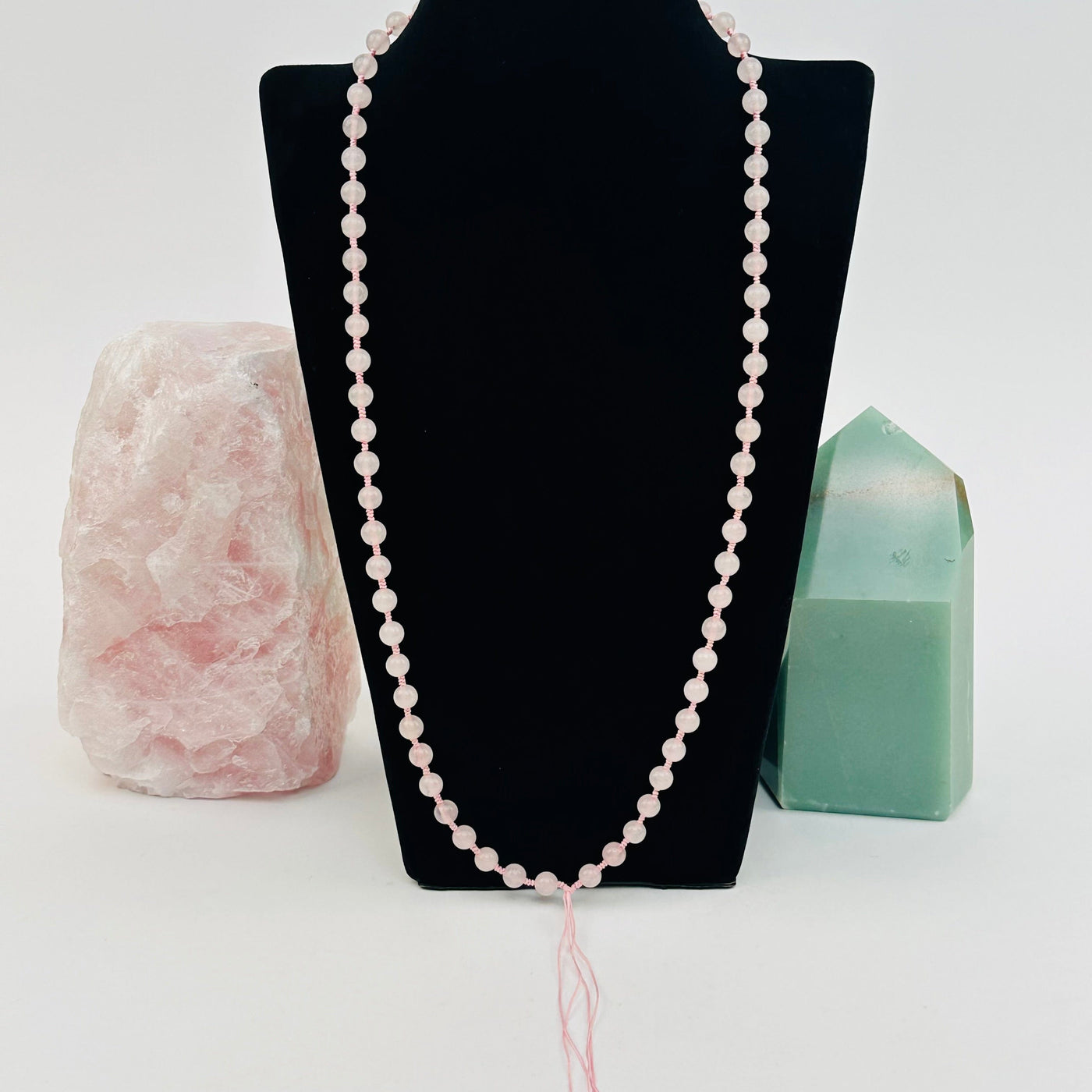 mala bead necklace displayed to show how it hangs 