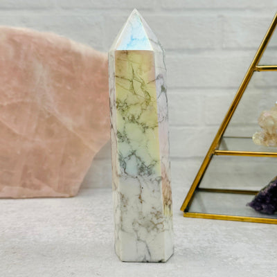 Howlite Tower Points with Angel Aura Titanium Finish displayed as home decor 