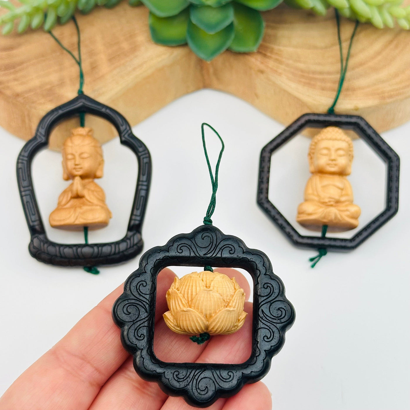 close up of the details on this wooden charm