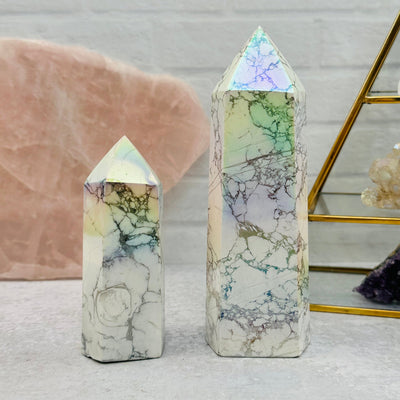 Howlite Tower Points with Angel Aura Titanium Finish displayed as home decor 