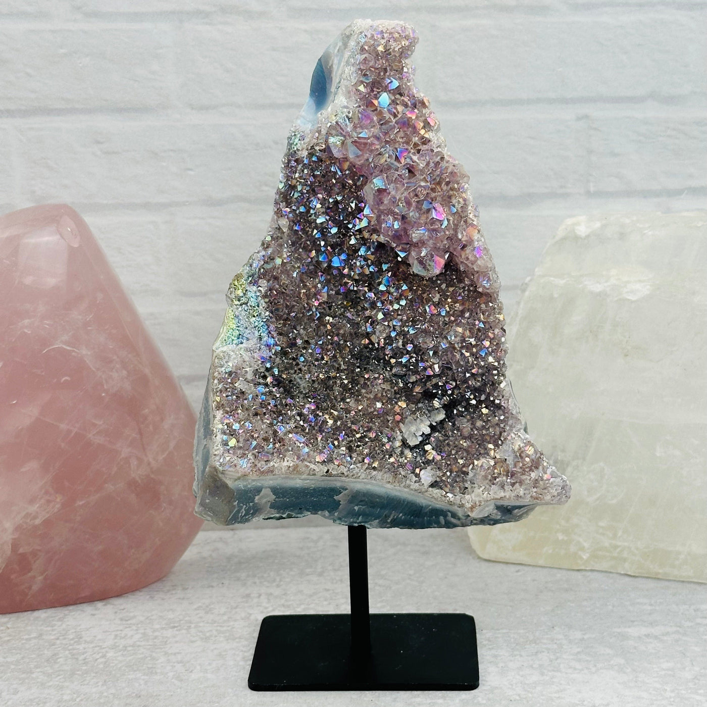 Amethyst Druzy Crystal with Angel Aura Pearly Finish on metal stand displayed as home decor 