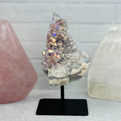 Amethyst Druzy Crystal with Angel Aura Pearly Finish on metal stand displayed as home decor