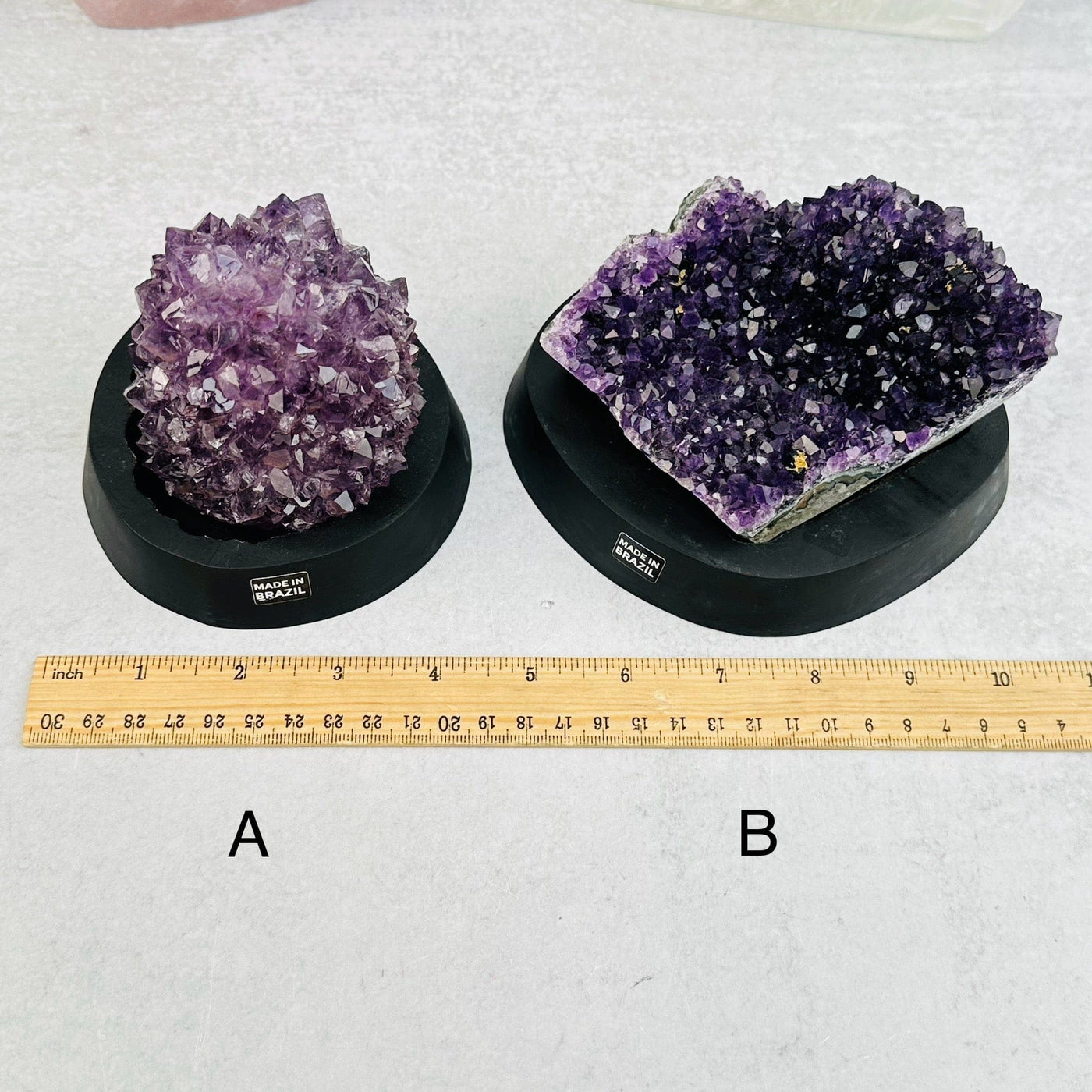 Amethyst Crystal Cluster on Wooden Base - Natural Cluster - You Choose - next to a ruler for size reference 