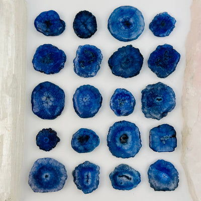 multiple solar quartz crystals displayed to show the differences in the sizes and color shades 