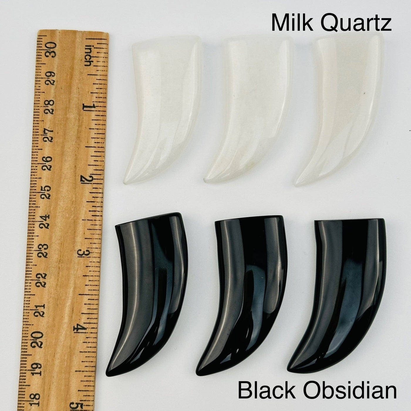 crystal horn cabochons displayed next to a ruler for size reference 