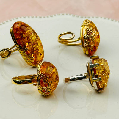 close up of the details on these amber rings 