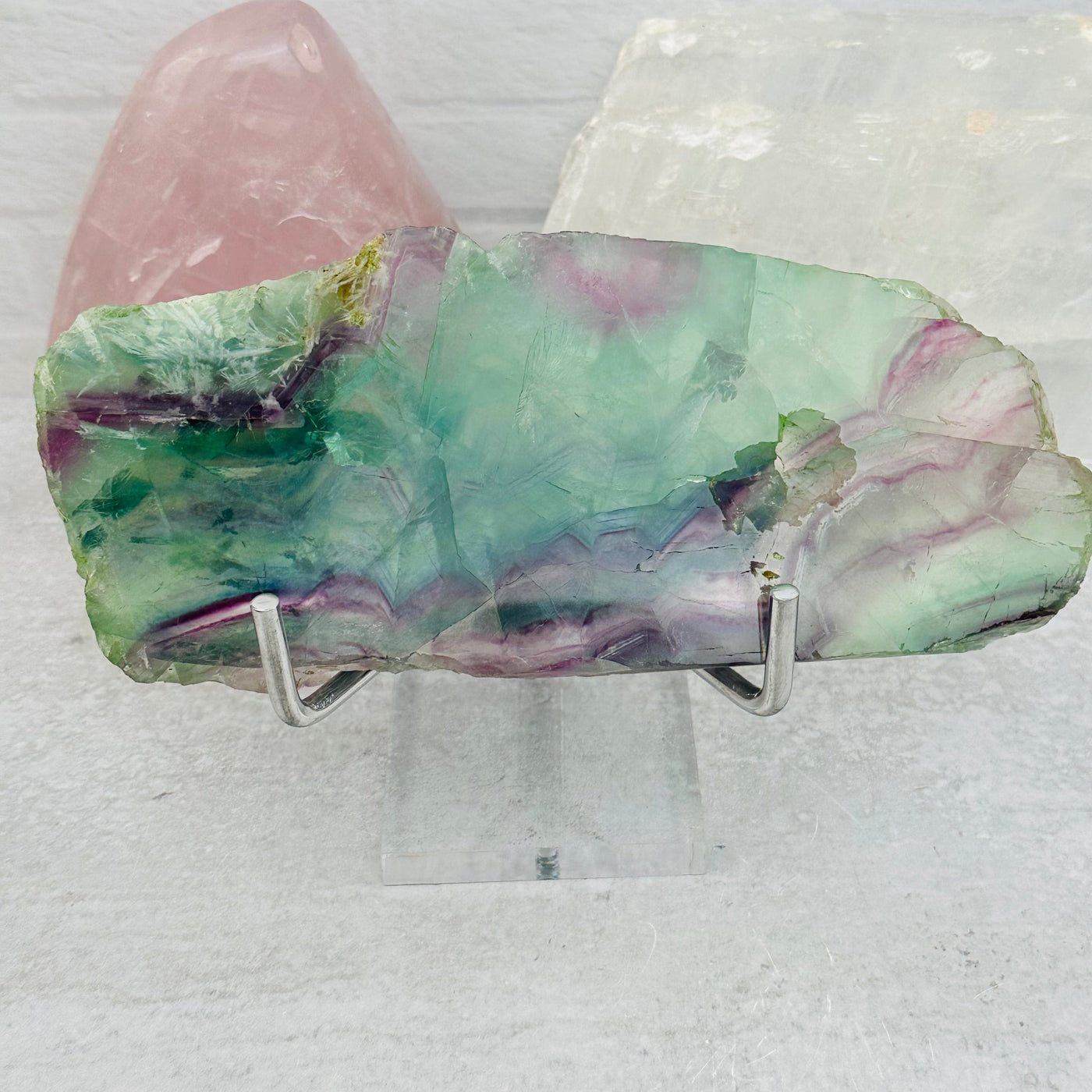 Natural Feather Fluorite Crystal Slab displayed as home decor 