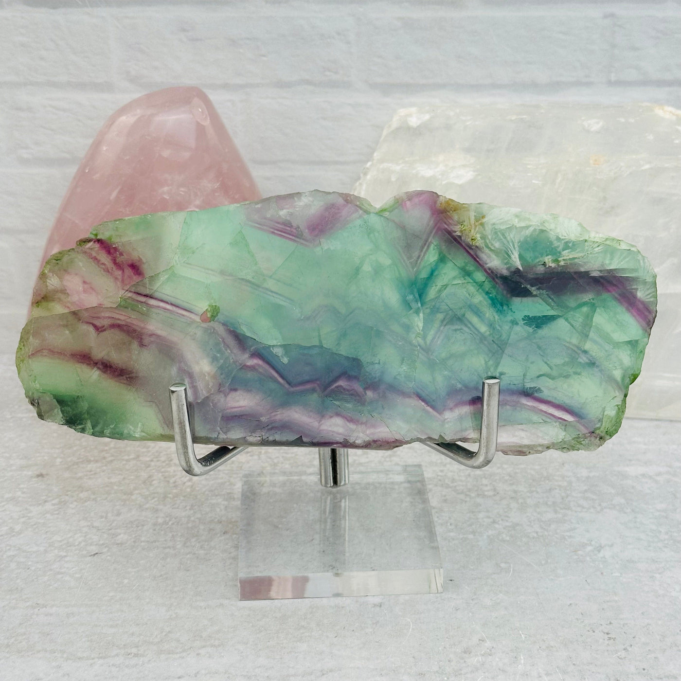Natural Feather Fluorite Crystal Slab displayed as home decor