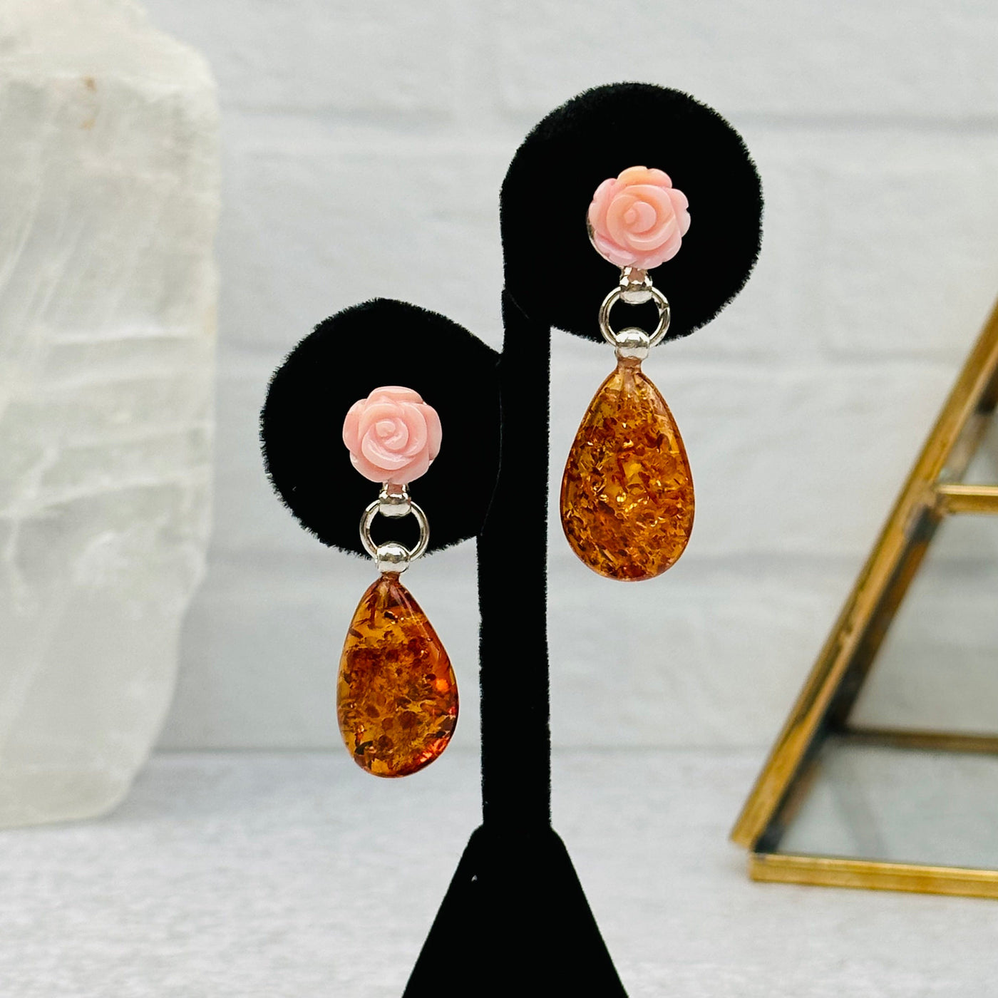 amber earrings with pink rose accents 