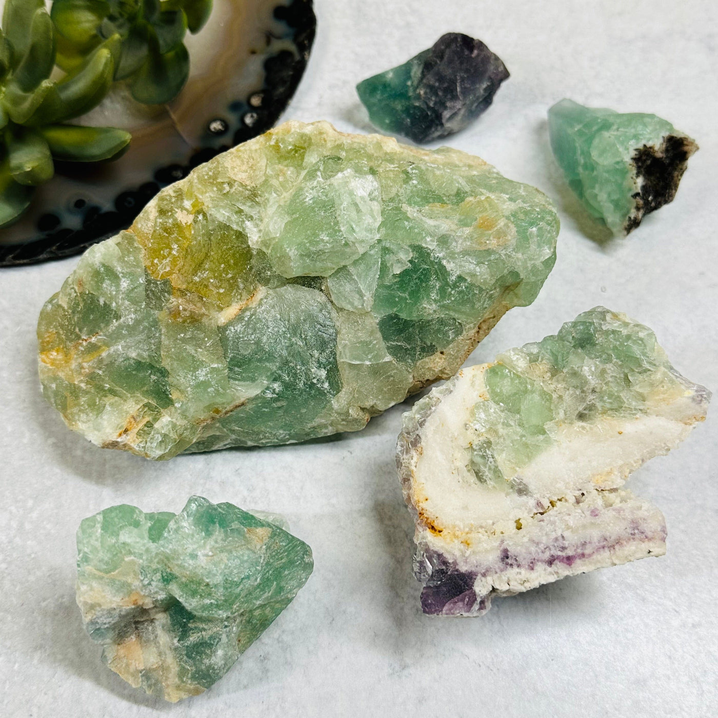 close up of the details on these fluorite freeforms