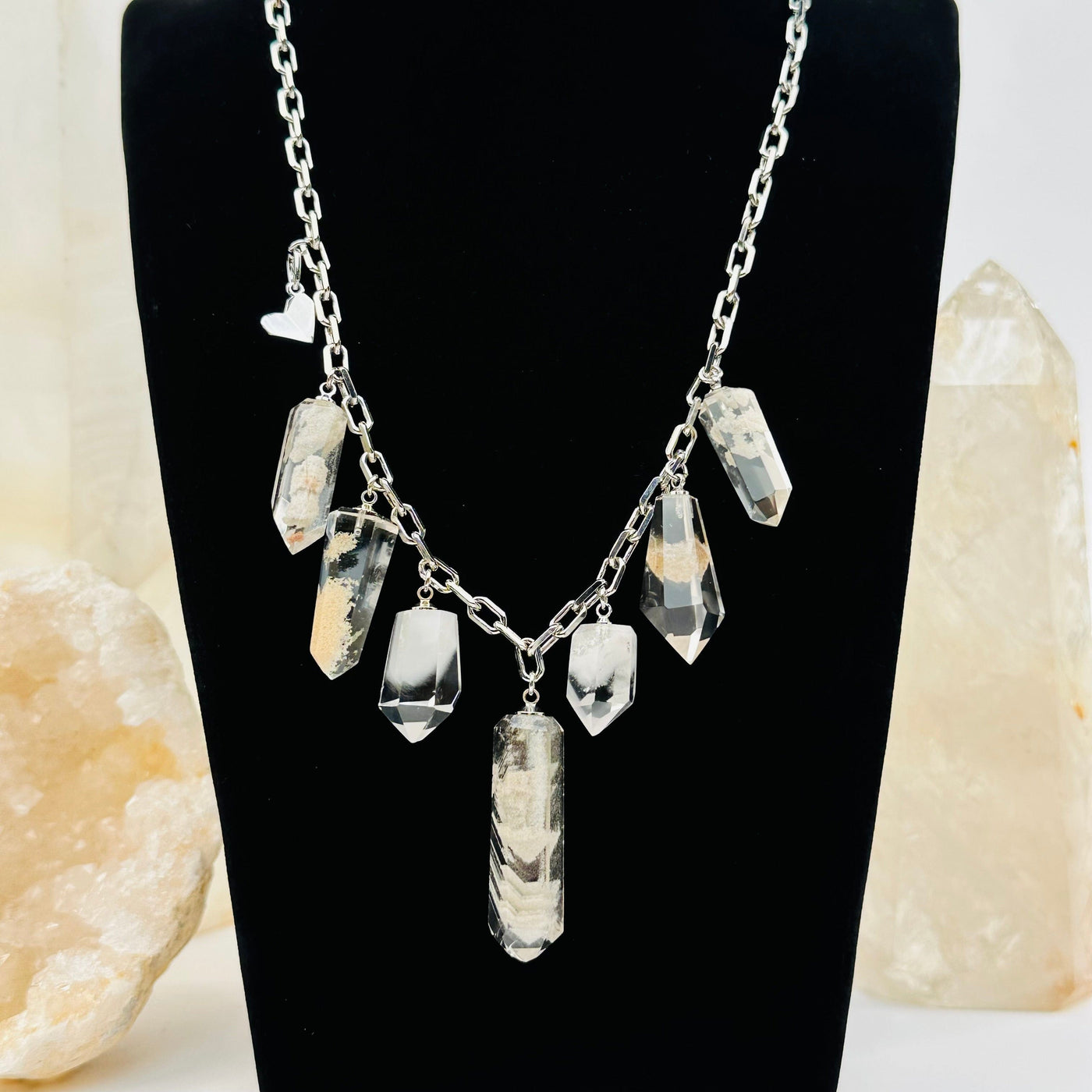 lodolite charm crystal necklace displayed to show how it hangs 