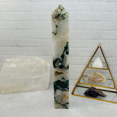 moss agate obelisk comes with natural druzy inclusions 