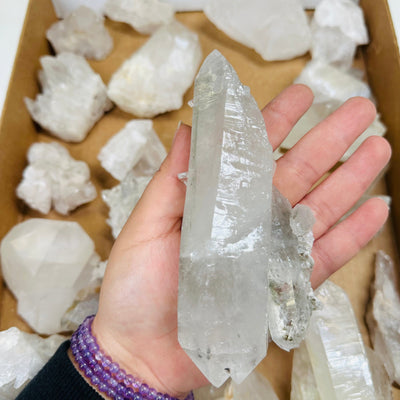 Natural Crystal Quartz Free Form Cluster in hand for size reference 